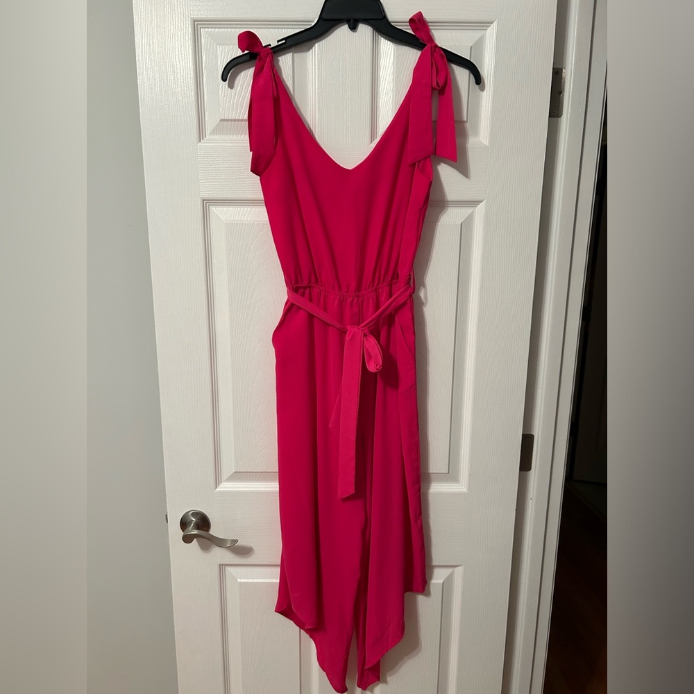 Pink, capri length jumpsuit, very light, adjustable straps and waist tie